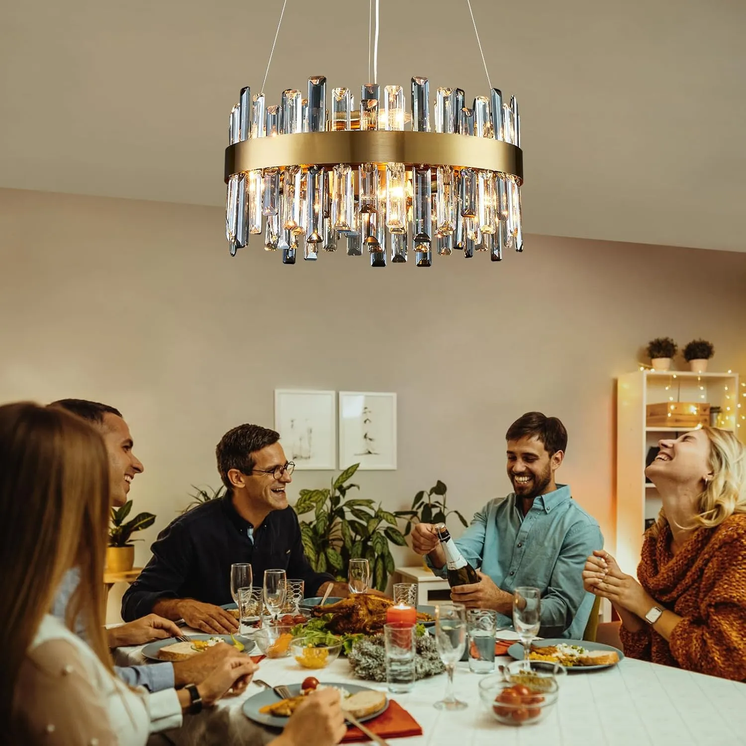 Siljoy 19.7'' Modern Crystal Chandelier, 12-Light Brass Gold Round Raindrop Chandelier Lighting, Luxury Adjustable Hanging Pendant Light Fixture for Living Dining Room Kitchen Island Bedroom Foyer