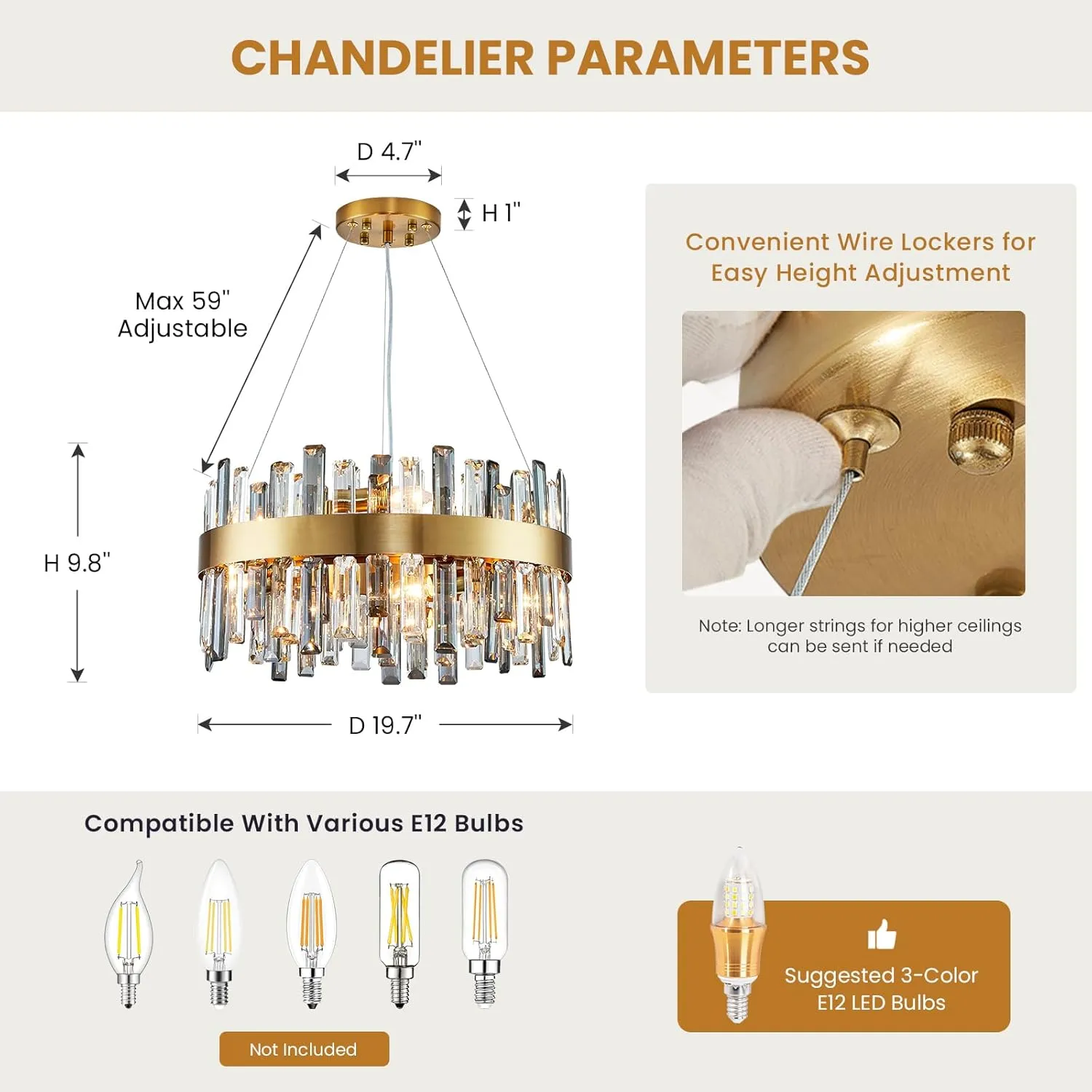 Siljoy 19.7'' Modern Crystal Chandelier, 12-Light Brass Gold Round Raindrop Chandelier Lighting, Luxury Adjustable Hanging Pendant Light Fixture for Living Dining Room Kitchen Island Bedroom Foyer