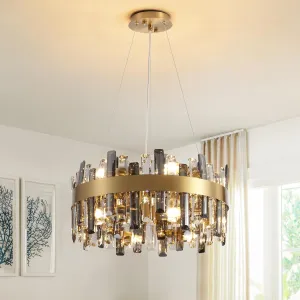 Siljoy 19.7'' Modern Crystal Chandelier, 12-Light Brass Gold Round Raindrop Chandelier Lighting, Luxury Adjustable Hanging Pendant Light Fixture for Living Dining Room Kitchen Island Bedroom Foyer