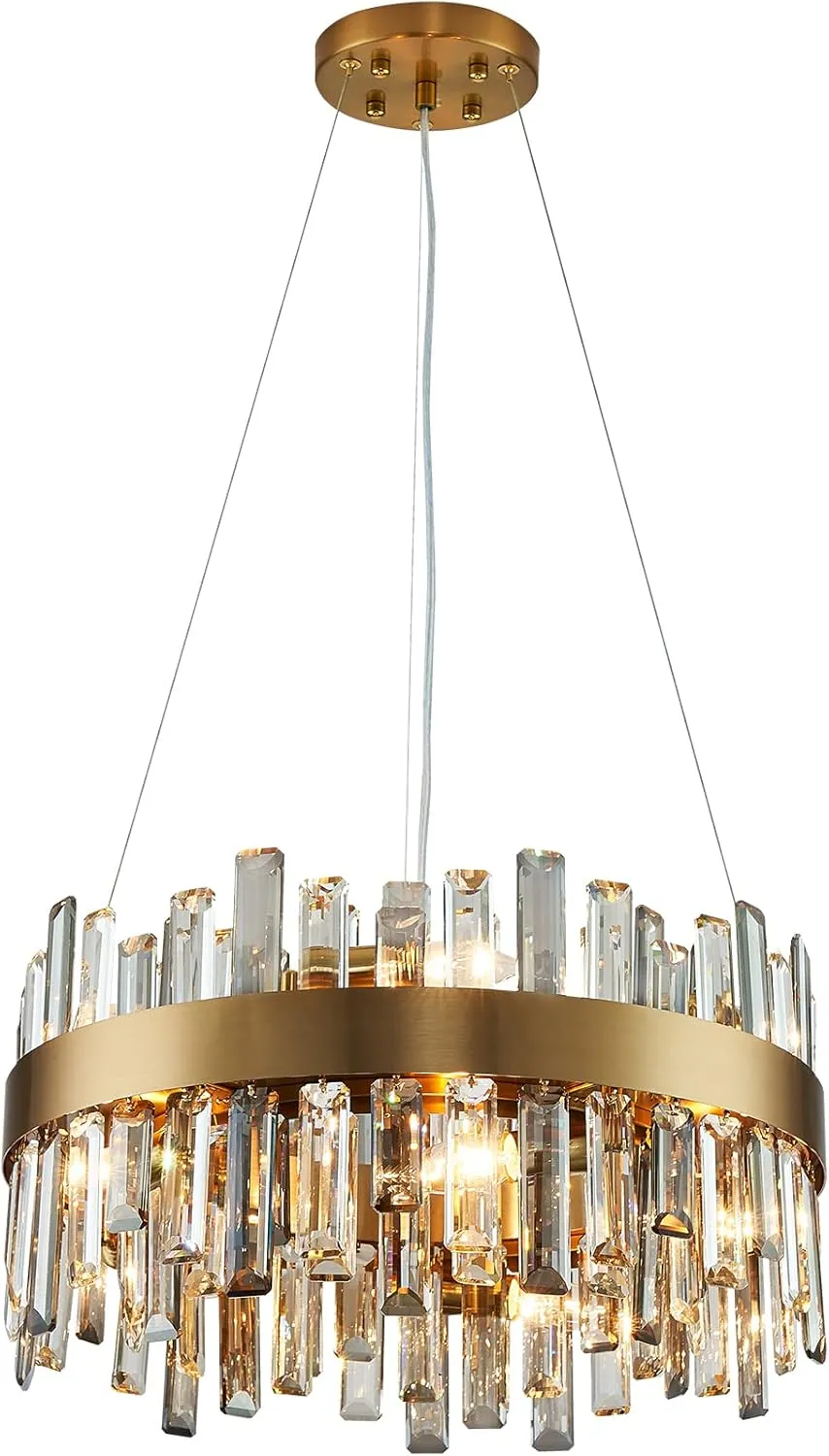 Siljoy 19.7'' Modern Crystal Chandelier, 12-Light Brass Gold Round Raindrop Chandelier Lighting, Luxury Adjustable Hanging Pendant Light Fixture for Living Dining Room Kitchen Island Bedroom Foyer