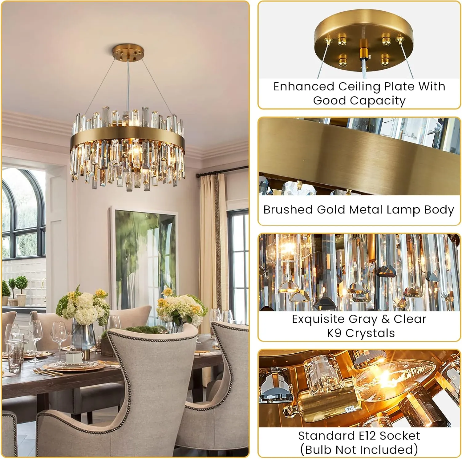 Siljoy 19.7'' Modern Crystal Chandelier, 12-Light Brass Gold Round Raindrop Chandelier Lighting, Luxury Adjustable Hanging Pendant Light Fixture for Living Dining Room Kitchen Island Bedroom Foyer