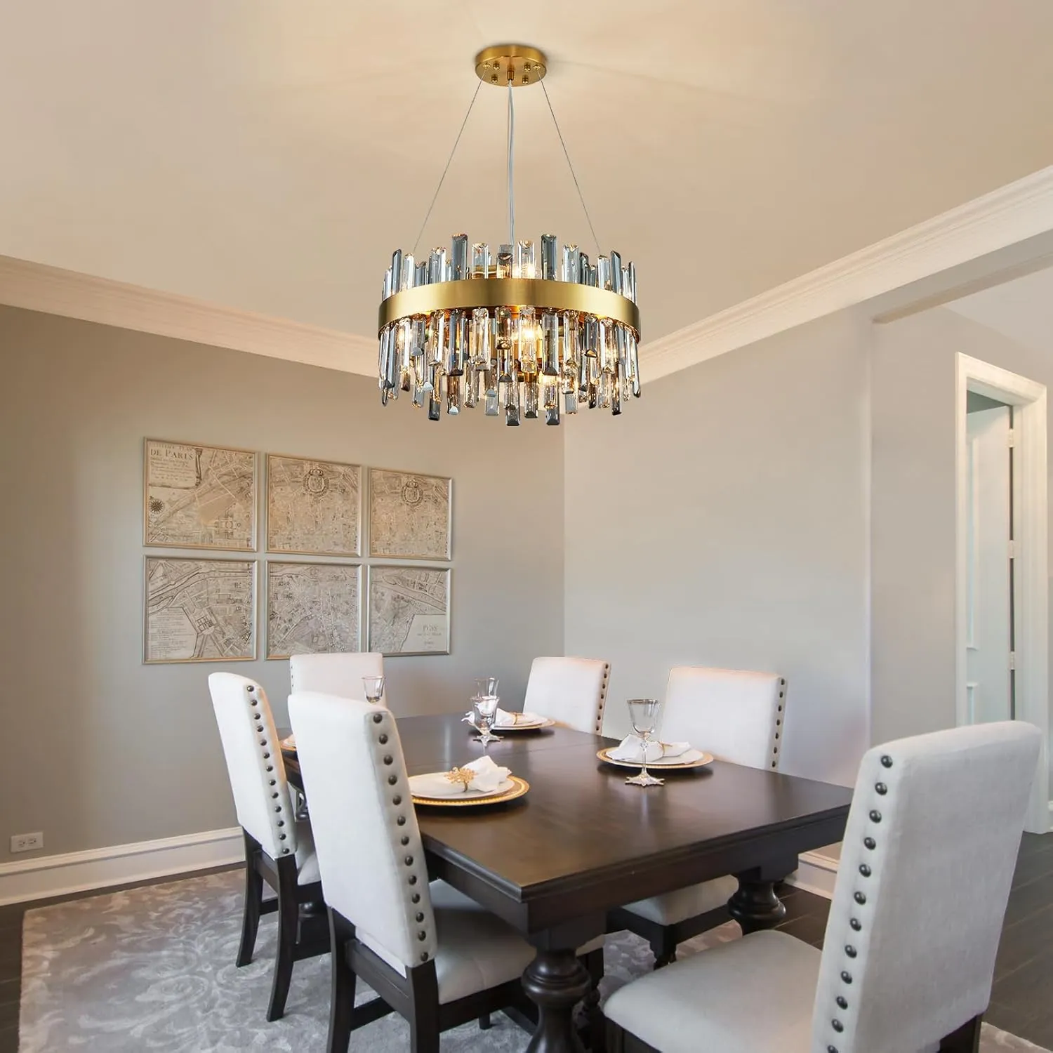 Siljoy 19.7'' Modern Crystal Chandelier, 12-Light Brass Gold Round Raindrop Chandelier Lighting, Luxury Adjustable Hanging Pendant Light Fixture for Living Dining Room Kitchen Island Bedroom Foyer
