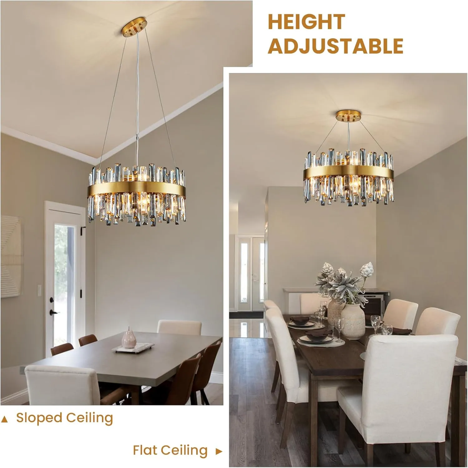 Siljoy 19.7'' Modern Crystal Chandelier, 12-Light Brass Gold Round Raindrop Chandelier Lighting, Luxury Adjustable Hanging Pendant Light Fixture for Living Dining Room Kitchen Island Bedroom Foyer
