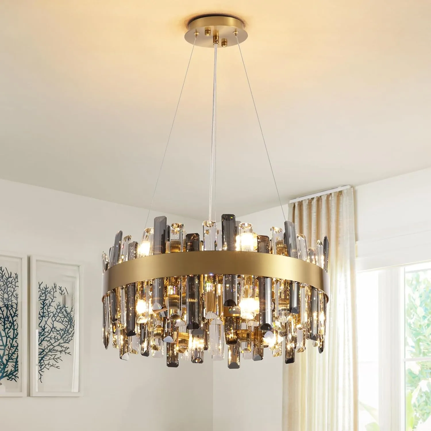 Siljoy 19.7'' Modern Crystal Chandelier, 12-Light Brass Gold Round Raindrop Chandelier Lighting, Luxury Adjustable Hanging Pendant Light Fixture for Living Dining Room Kitchen Island Bedroom Foyer