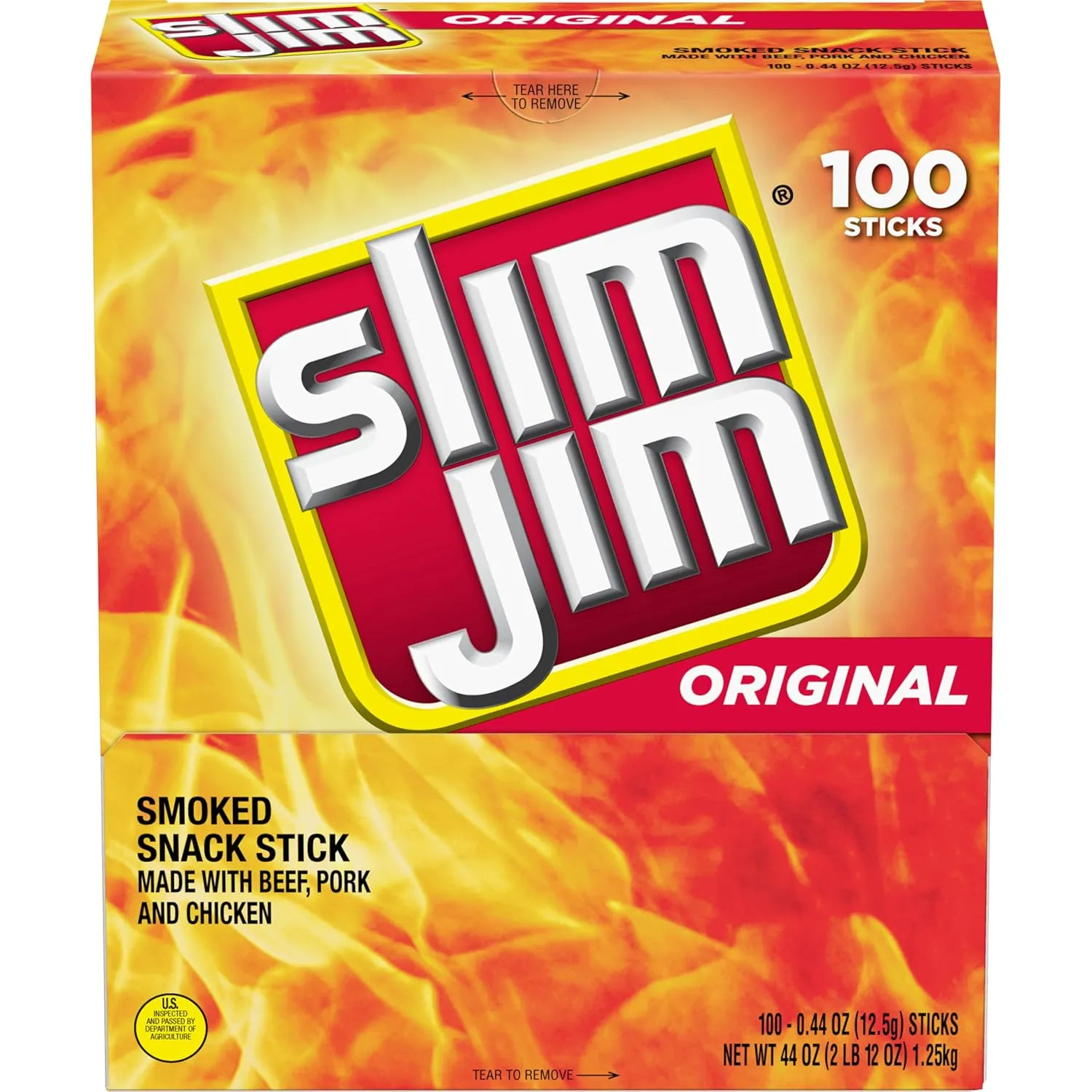 Slim Jim Smoked Meat Sticks, Original Flavor, 2g Protein Per Stick, Snack Size, 0.44 oz. (100 Count)