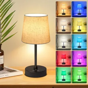 Small Cordless Table Lamp,5000mAh Rechargeable Battery Operated Desk Lamp,3 Colors & 7 RGB Stepless Dimmable, Portable Touch Fabric Shade LED Night Light for Patio Restaurant Home(Flaxen)
