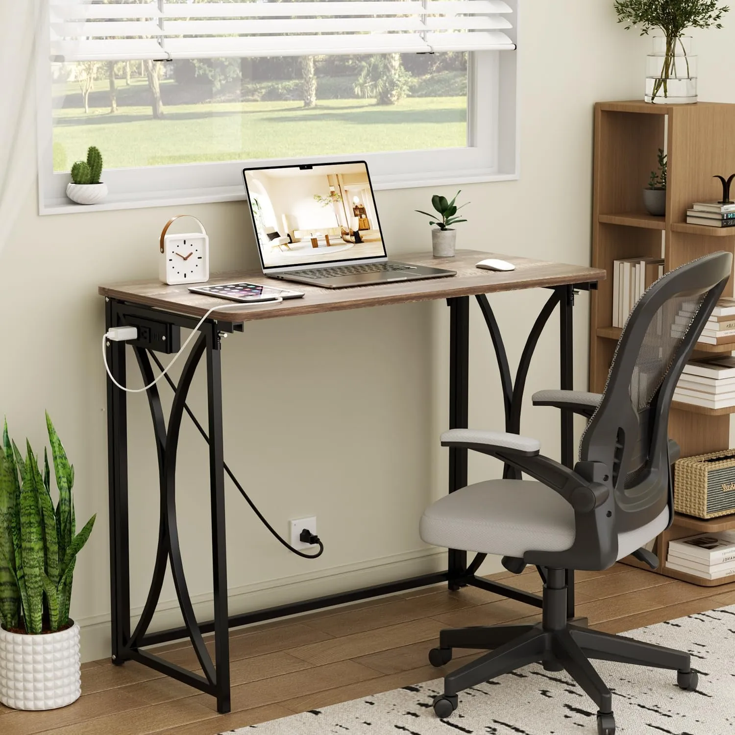 Small Desk, 31.5" Folding Table for Bedroom with Power Outlet, Space Saving Folding Computer Desk for Home Office, Easy Assembly, Light Brown