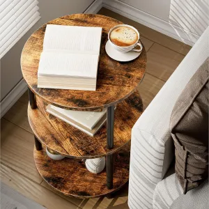 Small Round End Table - 3 Tier Design Accent Table, Narrow Side or Bedside Stand, Industrial Vintage Nightstand for Bedroom, Living Room, or Small Spaces, Rustic Brown