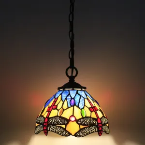 Small Tiffany Pendant Light 8 inch Tiffany Style Stained Glass Pendant Hanging Lamp Small Vintage Hanging Light Fixtures for Home Living Room Restaurant Hallway (Yellow Dragonfly Style)