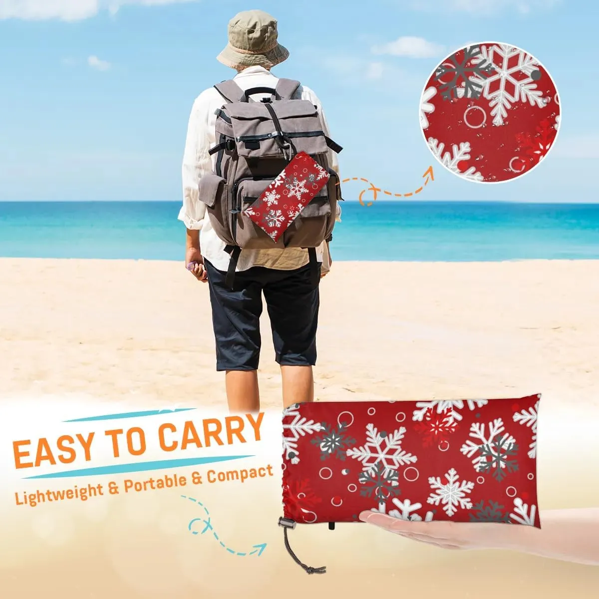 Snowflakes Beach Blanket, Sandproof Beach Mat, 68 x 59 Waterproof Quick Drying Sand Free Mat with 4 x Ground Spikes for Outdoor Travel Camping Hiking, Christmas Holiday