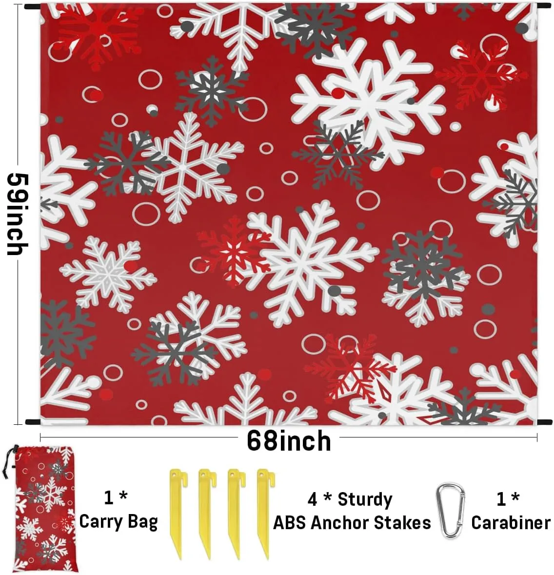 Snowflakes Beach Blanket, Sandproof Beach Mat, 68 x 59 Waterproof Quick Drying Sand Free Mat with 4 x Ground Spikes for Outdoor Travel Camping Hiking, Christmas Holiday