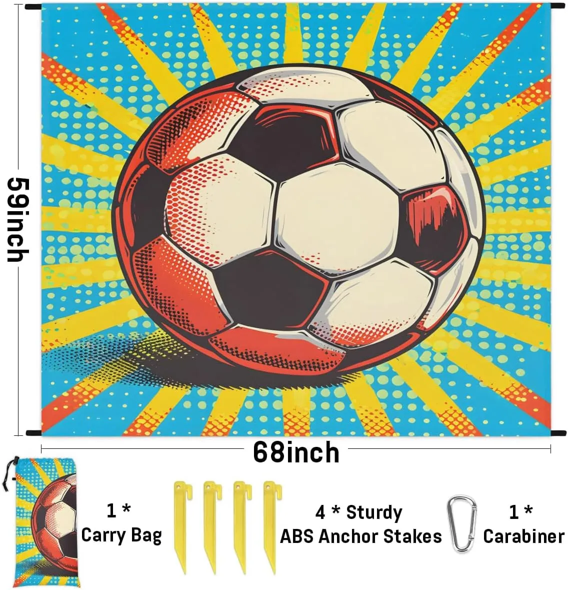 Soccer Beach Blanket, Sandproof Beach Mat, 68 x 59 Waterproof Quick Drying Sand Free Mat with 4 x Ground Spikes for Outdoor Travel Camping Hiking, Soccer Football