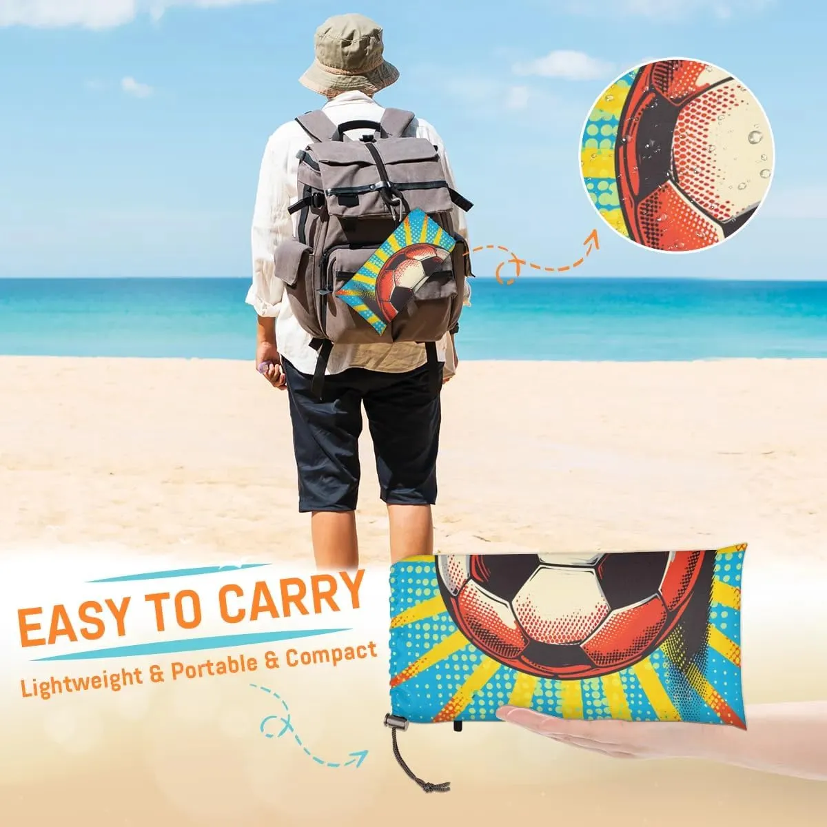 Soccer Beach Blanket, Sandproof Beach Mat, 68 x 59 Waterproof Quick Drying Sand Free Mat with 4 x Ground Spikes for Outdoor Travel Camping Hiking, Soccer Football