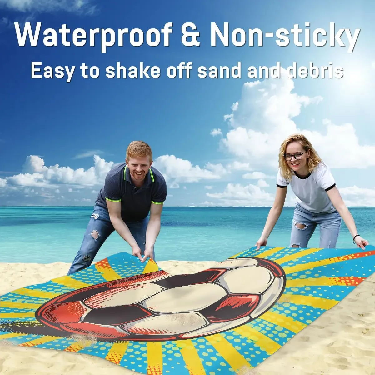 Soccer Beach Blanket, Sandproof Beach Mat, 68 x 59 Waterproof Quick Drying Sand Free Mat with 4 x Ground Spikes for Outdoor Travel Camping Hiking, Soccer Football