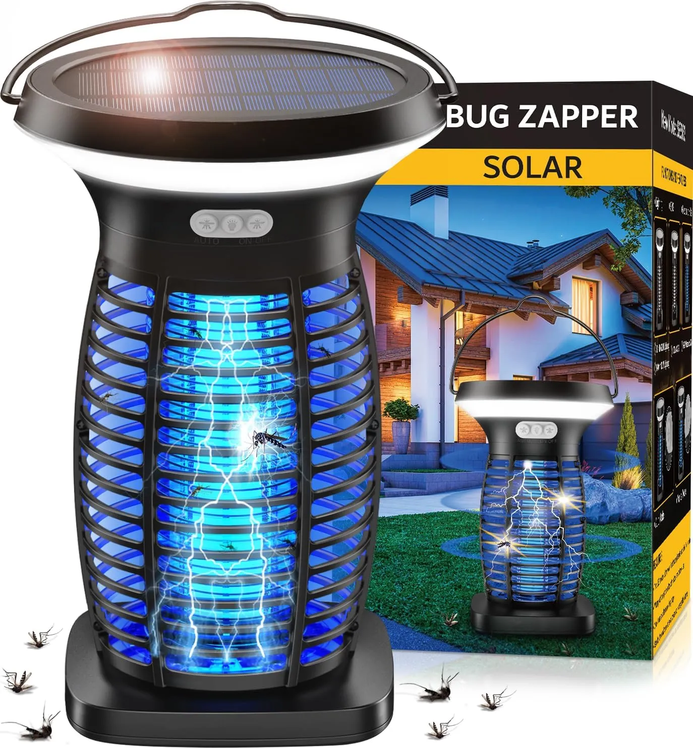 Solar Bug Zapper Outdoor Waterproof, Portable Pest Control Electric Mosquito Zapper Killer with Panel Sensor, Rechargeable Insect Trap Fly Zapper for Home, Patio, Backyard, Camping