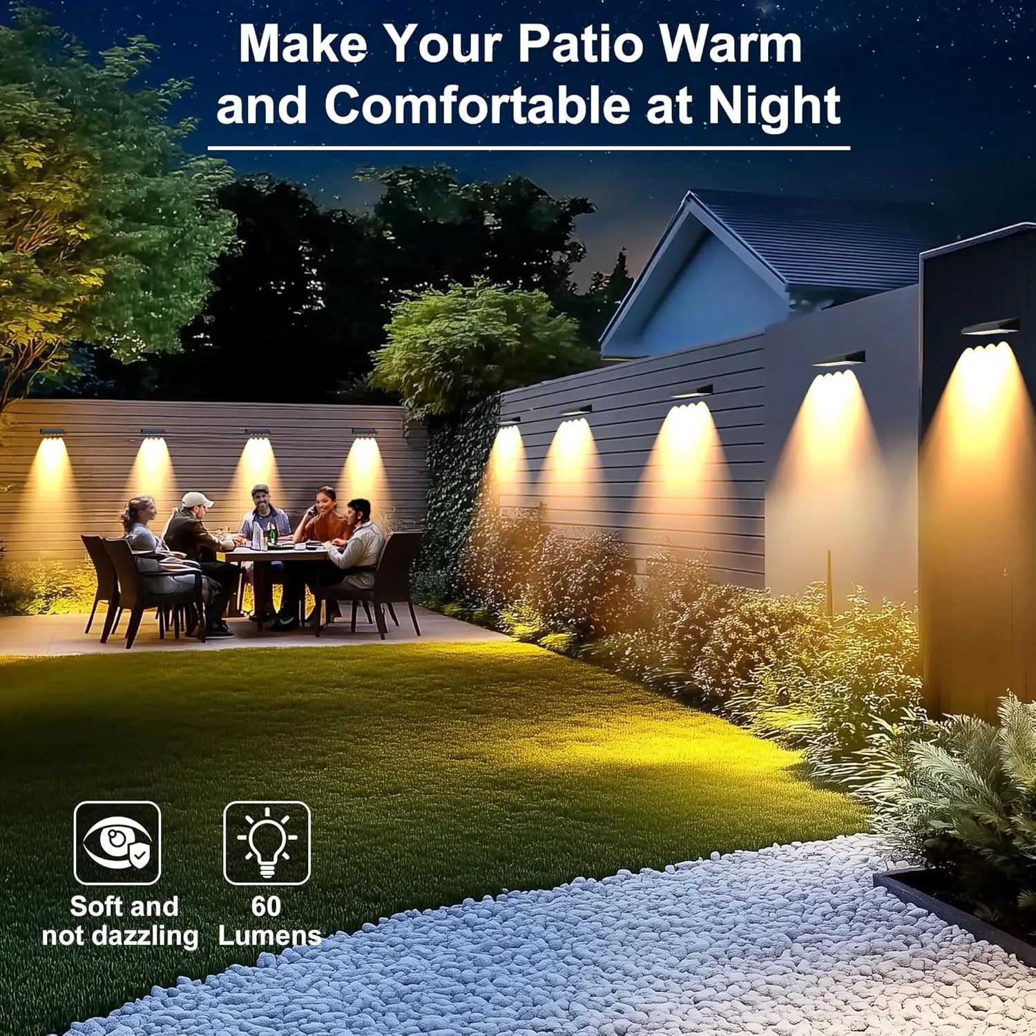 Solar Fence Lights Outdoor, 8 Pack Fence Lights Solar Powered with 4 LED, Fence Solar Light Outdoor IP65 Waterproof Deck Light for Backyard, Railing, Patio, Stair, Wall, Step - Warm Lighting