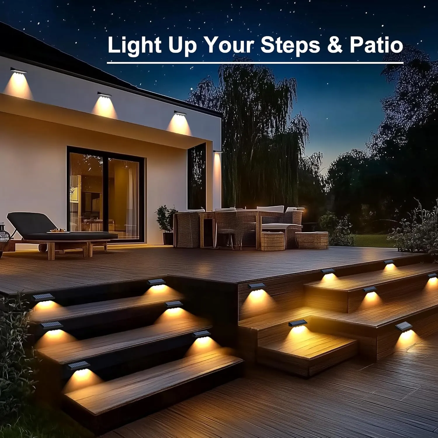 Solar Fence Lights Outdoor, 8 Pack Fence Lights Solar Powered with 4 LED, Fence Solar Light Outdoor IP65 Waterproof Deck Light for Backyard, Railing, Patio, Stair, Wall, Step - Warm Lighting