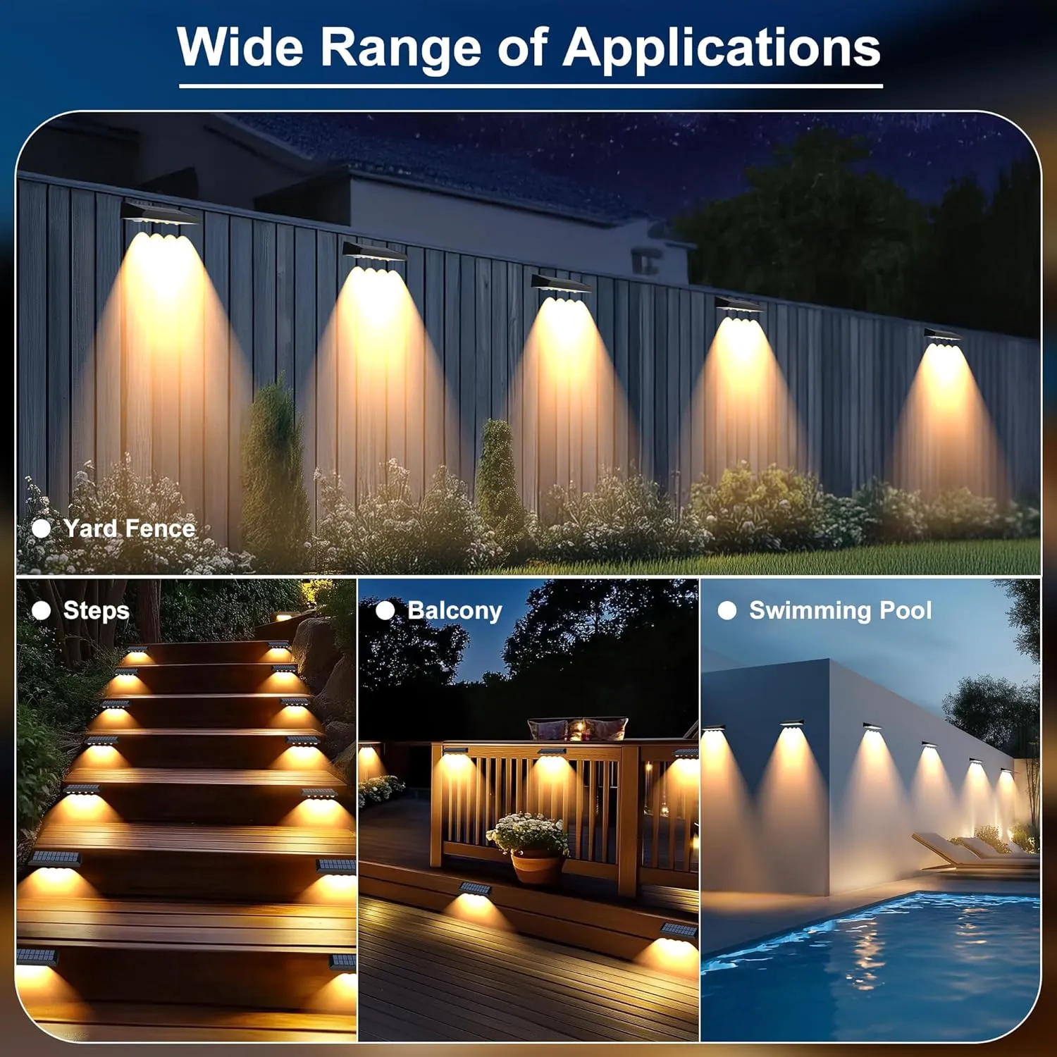 Solar Fence Lights Outdoor, 8 Pack Fence Lights Solar Powered with 4 LED, Fence Solar Light Outdoor IP65 Waterproof Deck Light for Backyard, Railing, Patio, Stair, Wall, Step - Warm Lighting