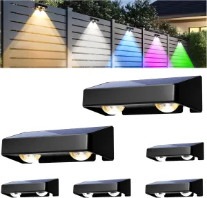 Solar Fence Lights Outdoor, Solar Wall Lights 9 Fixed Colors ＆ Color Changing Modern Solar Powered Deck Lights for Step Stair Patio Backyard Porch Railing House Number decor, IP65 Waterproof (6 Pack)