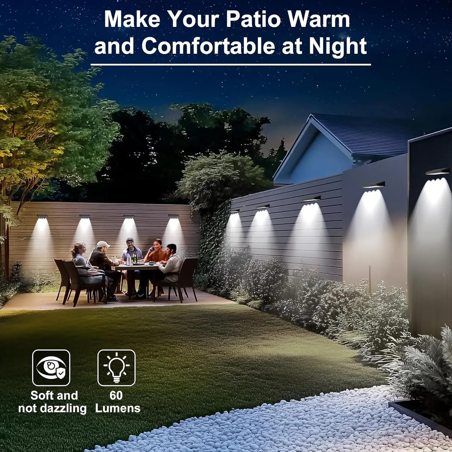 Solar Fence Lights Outdoor Waterproof IP65, 6 Pack Fence Lights Solar Powered 60 Lumens Auto On/Off Step Wall Lights Outside Decorations for Yard, Porch, Patio, Stairs, Pool, Deck, Garden-White Light