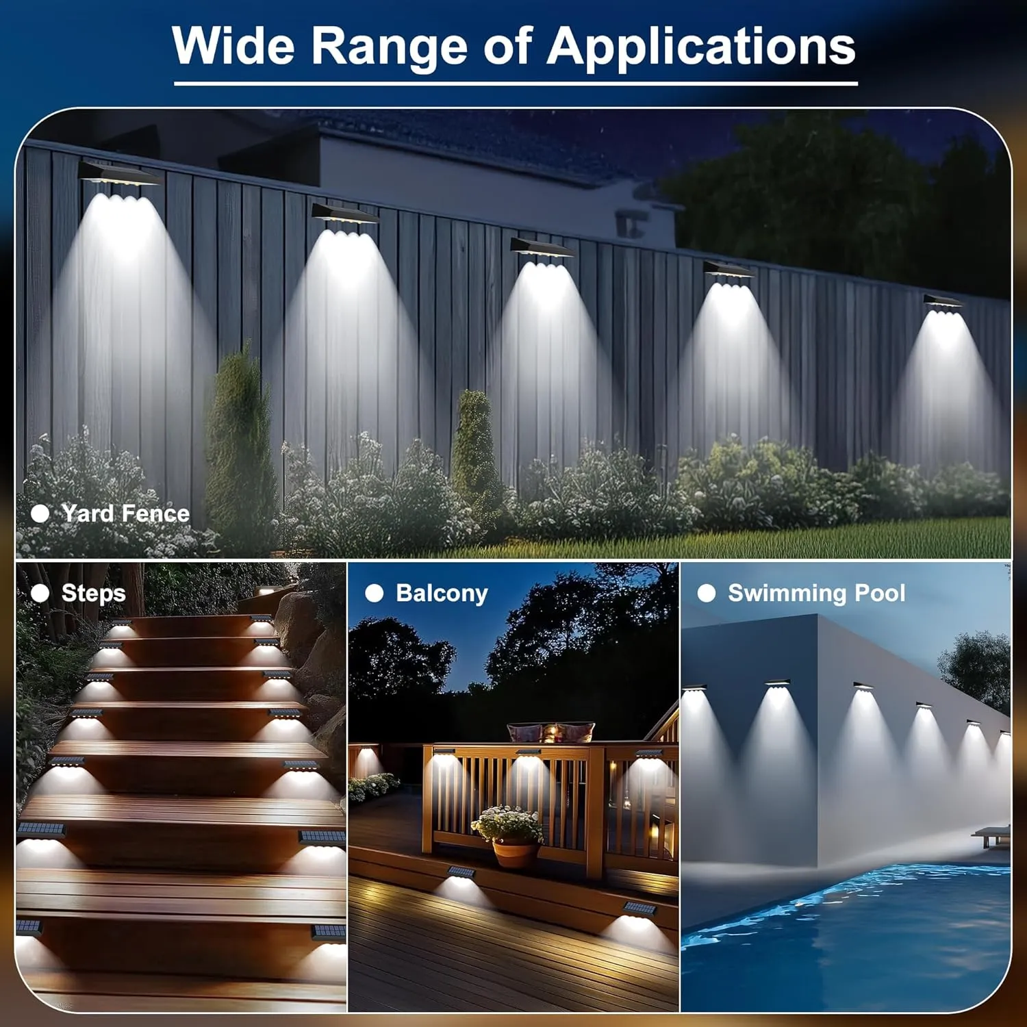 Solar Fence Lights Outdoor Waterproof IP65, 6 Pack Fence Lights Solar Powered 60 Lumens Auto On/Off Step Wall Lights Outside Decorations for Yard, Porch, Patio, Stairs, Pool, Deck, Garden-White Light