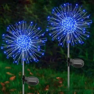 Solar Garden Lights Outdoor, 2 Pack 120 LED Twinkling Firework Lights Decorative with 2 Modes, Outdoor Waterproof Solar Starburst Light for Outside Yard Pathway Garden Decor, Blue