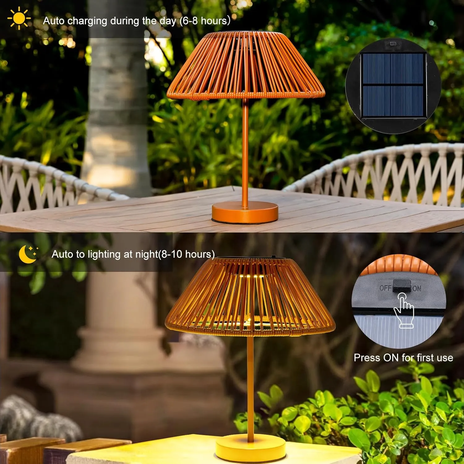 Solar Lamp Outdoor Indoor Rattan Table Lights, Brightness Led Outdoor Lights Solar Powered Waterproof, Upgrade Solar Panels Orange Desk Lamp for Outside Patio Garden Yard Bedroom Living Room Tabletop