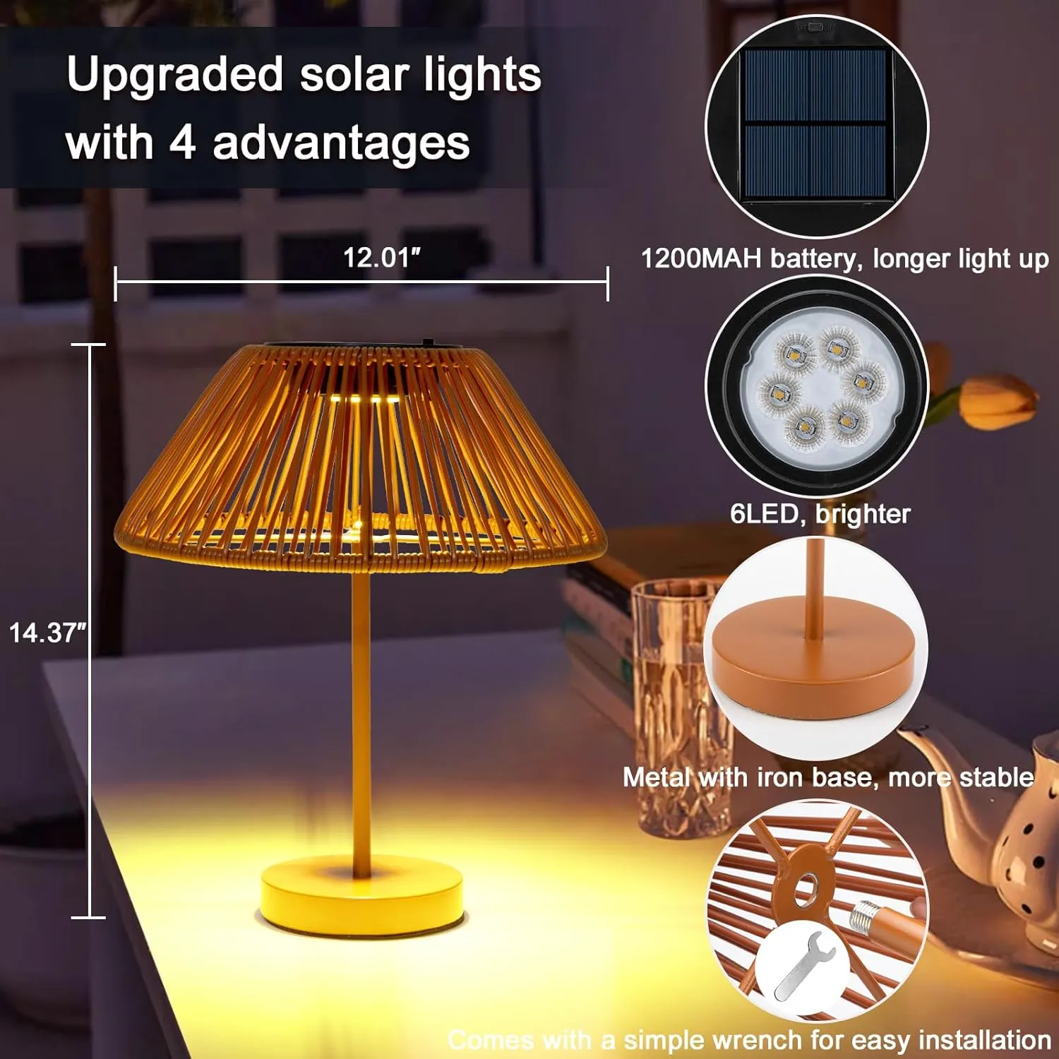 Solar Lamp Outdoor Indoor Rattan Table Lights, Brightness Led Outdoor Lights Solar Powered Waterproof, Upgrade Solar Panels Orange Desk Lamp for Outside Patio Garden Yard Bedroom Living Room Tabletop