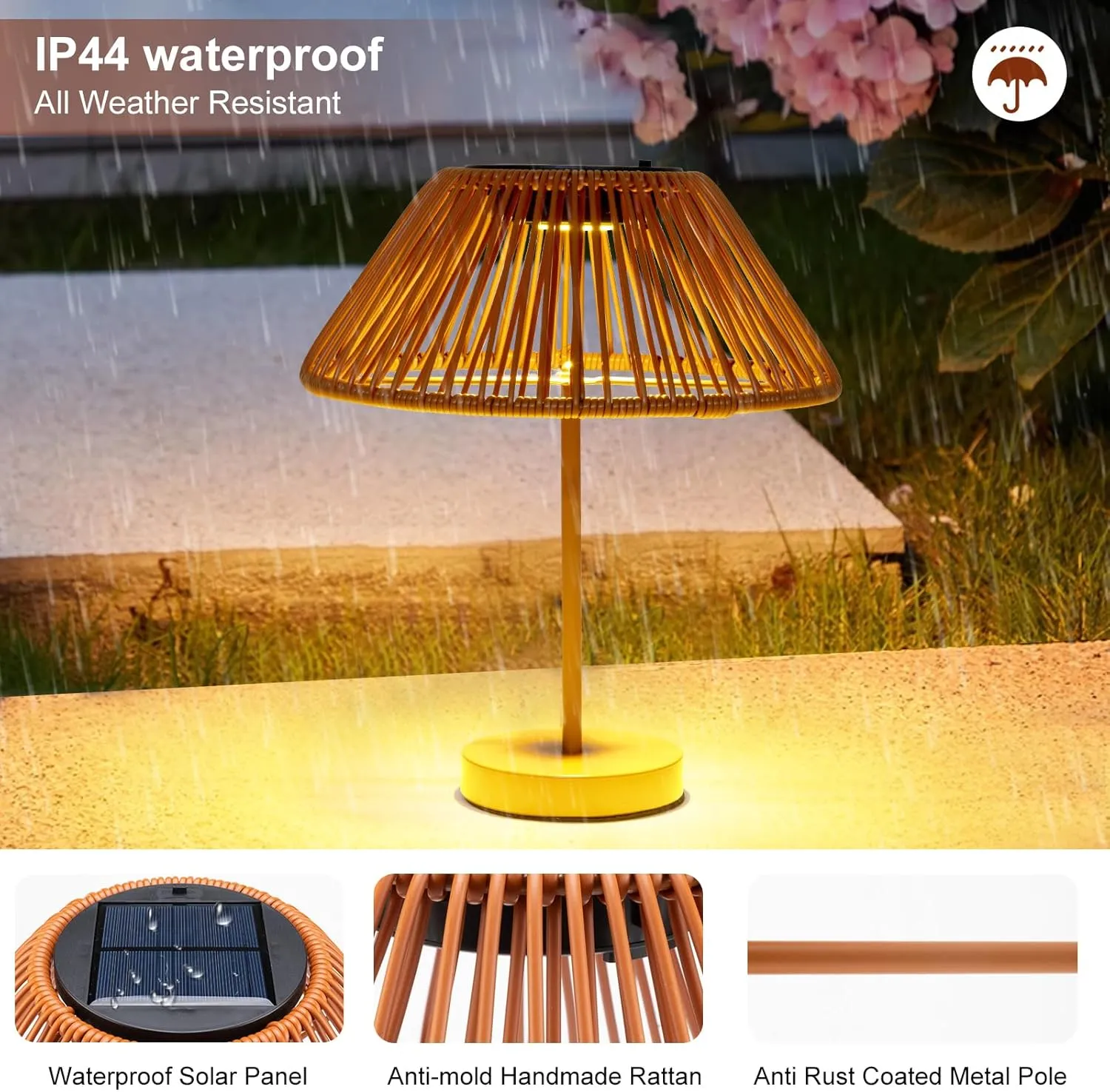 Solar Lamp Outdoor Indoor Rattan Table Lights, Brightness Led Outdoor Lights Solar Powered Waterproof, Upgrade Solar Panels Orange Desk Lamp for Outside Patio Garden Yard Bedroom Living Room Tabletop