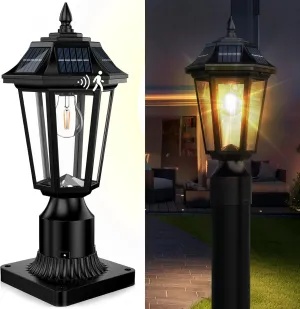 Solar Lamp Post Light Outdoor with Motion Sensor & Mount Base, 3 Mode Wireless Solar Post Lights, Waterproof Outside Decorative Lamp for Fence Pole Garden