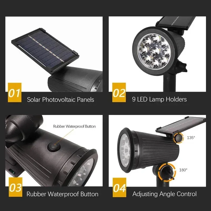 Solar Lawn Lamp 9 LED, Adjustable Outdoor IP65 Waterproof Garden Courtyard Street Spotlight, 1-2pcs