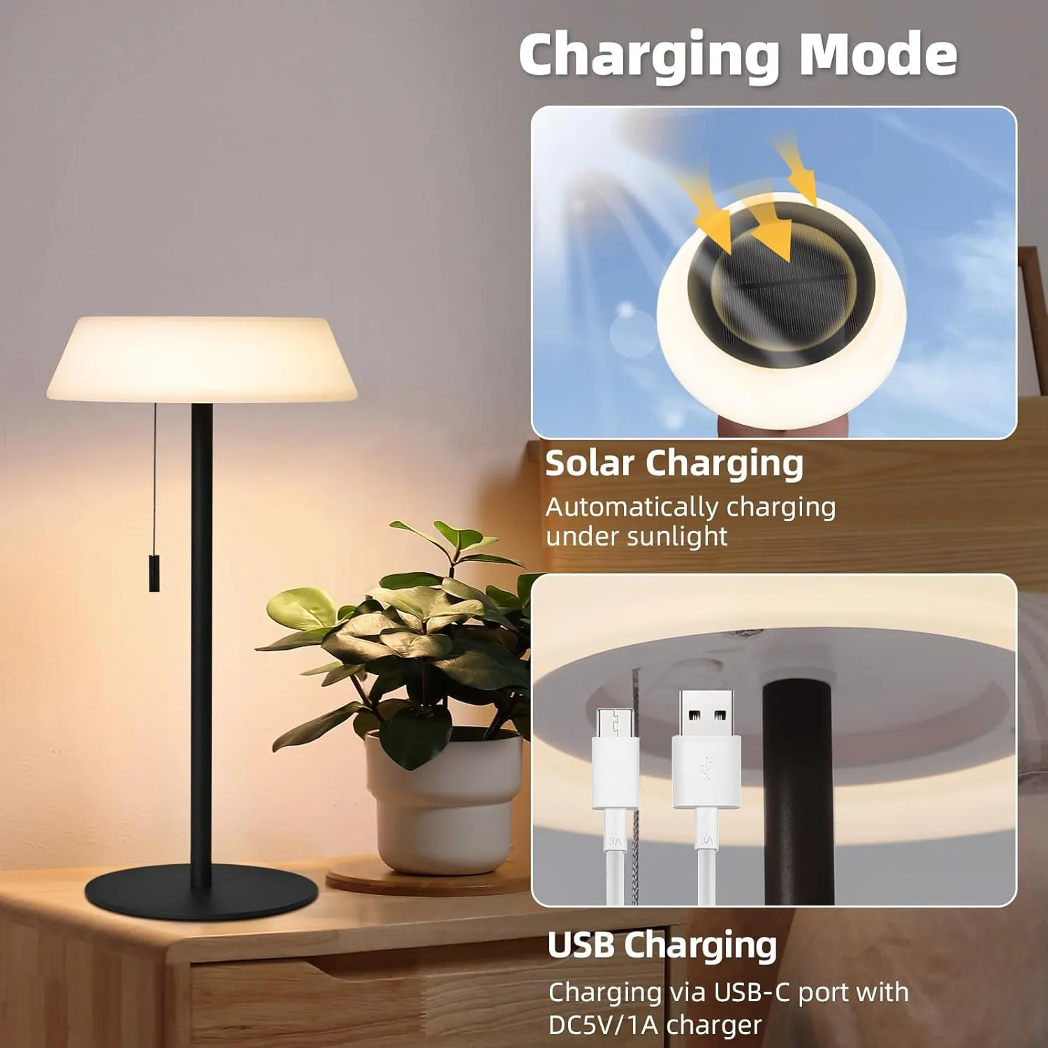 Solar LED Outdoor Table Lamp Waterproof, 3 Level Dimmable Desk Night Light, Portable Cordless USB Rechargeable, for Home/Deck/Patio/Garden (Black)