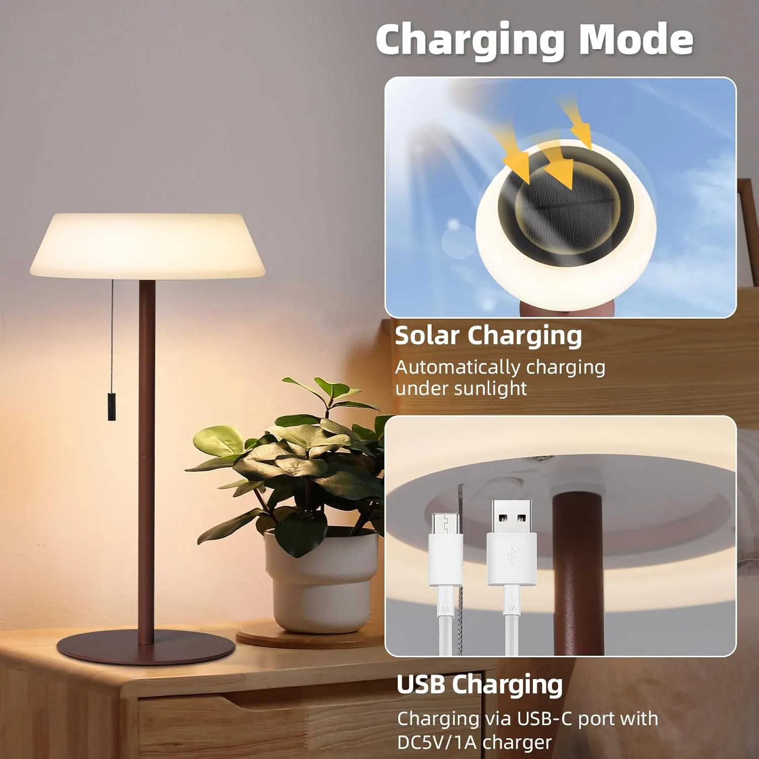 Solar LED Outdoor Table Lamp Waterproof, 3 Level Dimmable Desk Night Light, Portable Cordless USB Rechargeable, for Home/Deck/Patio/Garden (Bronze)