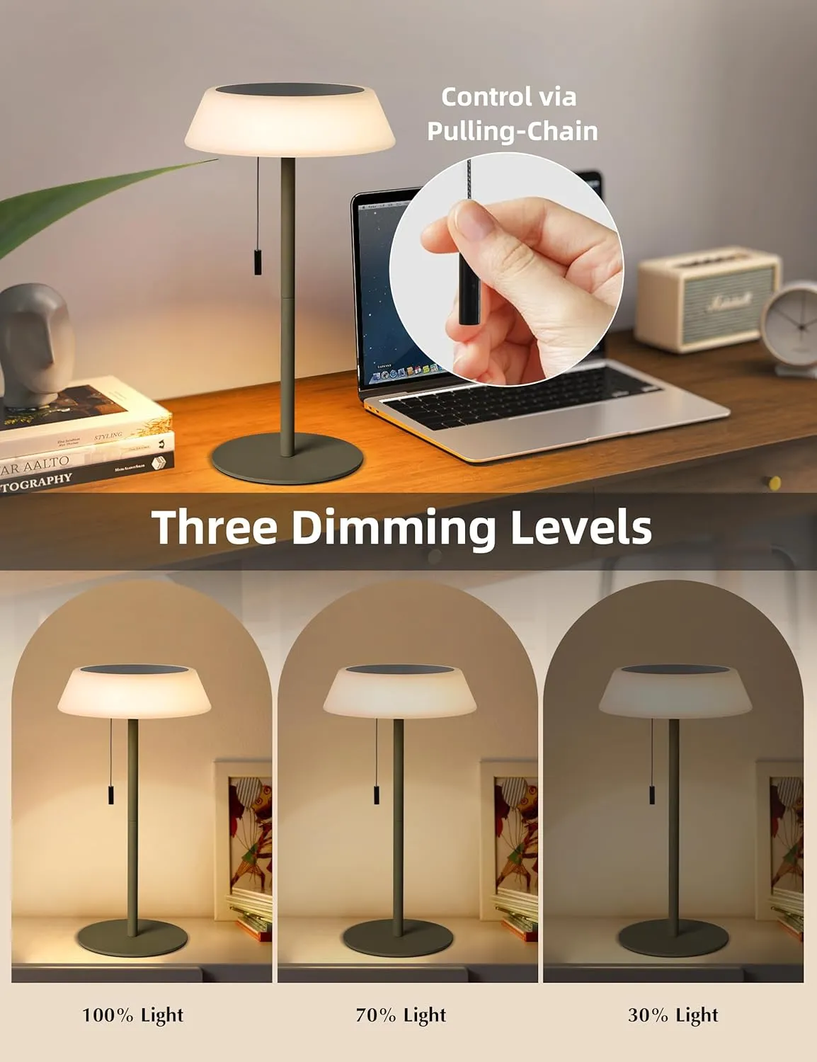 Solar LED Outdoor Table Lamp Waterproof, 3 Level Dimmable Desk Night Light, Portable Cordless USB Rechargeable, for Home/Deck/Patio/Garden (Khaki)