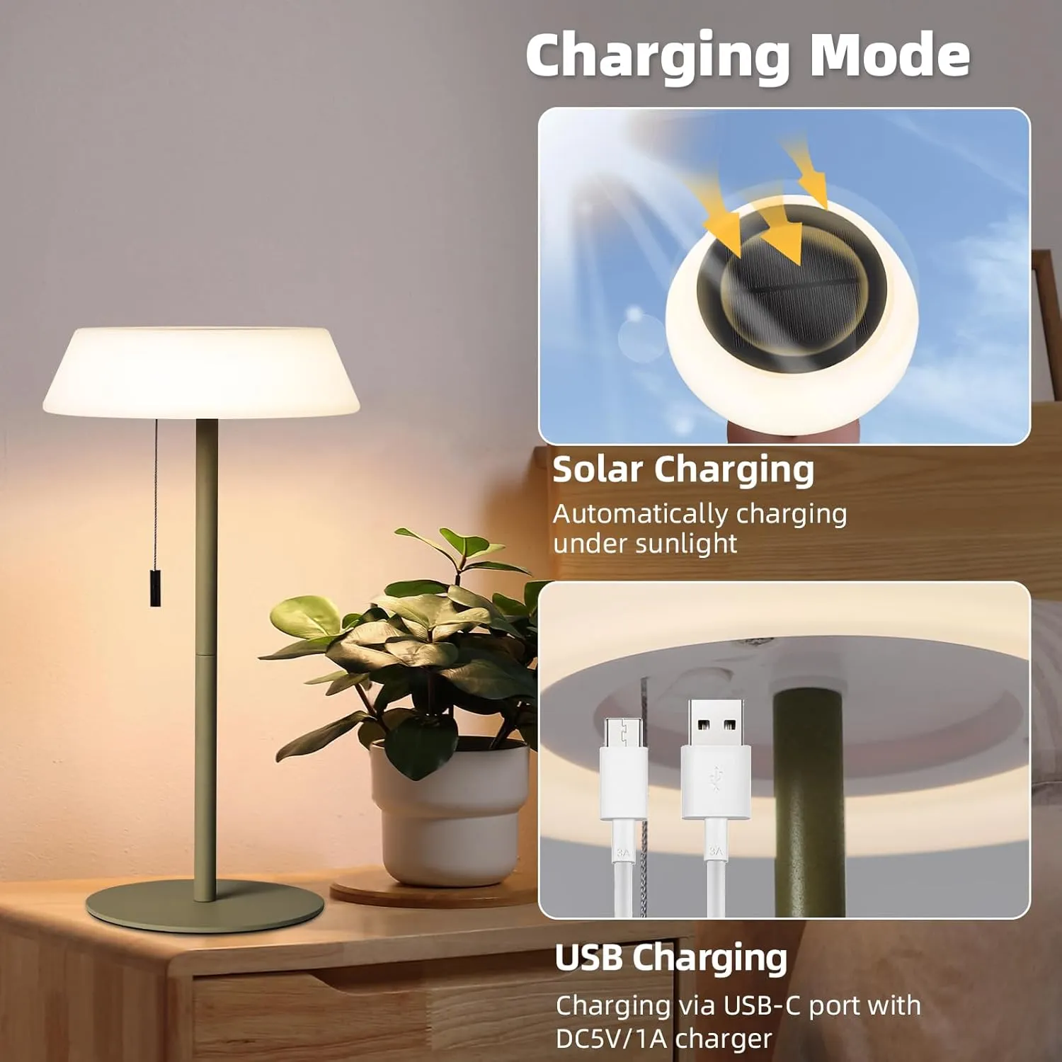 Solar LED Outdoor Table Lamp Waterproof, 3 Level Dimmable Desk Night Light, Portable Cordless USB Rechargeable, for Home/Deck/Patio/Garden (Khaki)