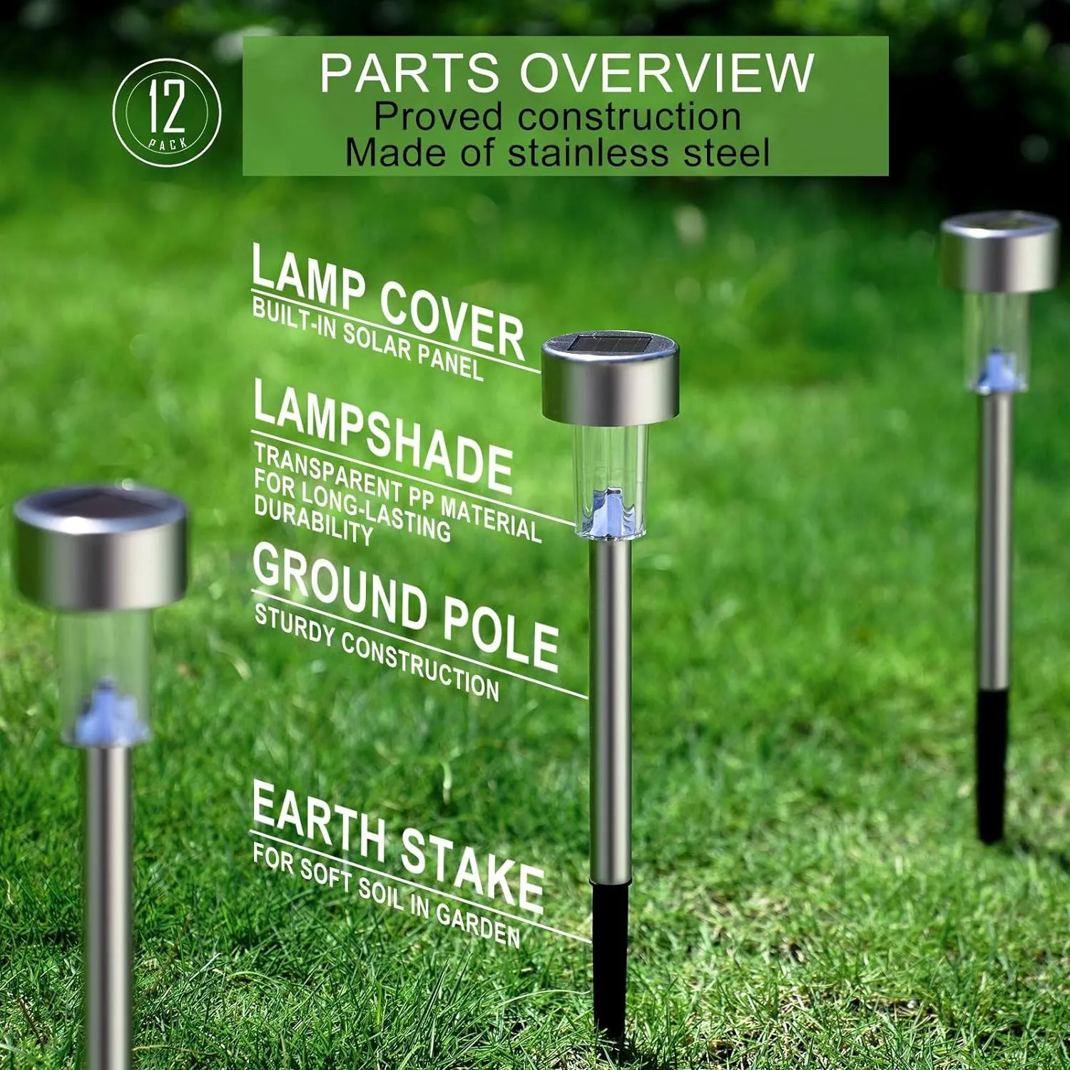Solar Lights Outdoor Waterproof, , Solar Garden Lights Solar Powered, Stainless Steel LED Landscape Lighting Outdoor Solar Lights for Yard, Pathway, Walkway, Patio , Lawn - 12 Pack (Warm White)