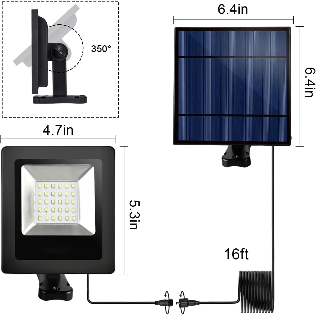 Solar Lights Outdoor Waterproof with 16FT Cord Dusk to Dawn LED Spotlights 6000K Security Flood Light for Patio, Porch, Roof, Tree, Doorway, Garden, Outside, Shed, Yard Lighting(White 2 Pack)