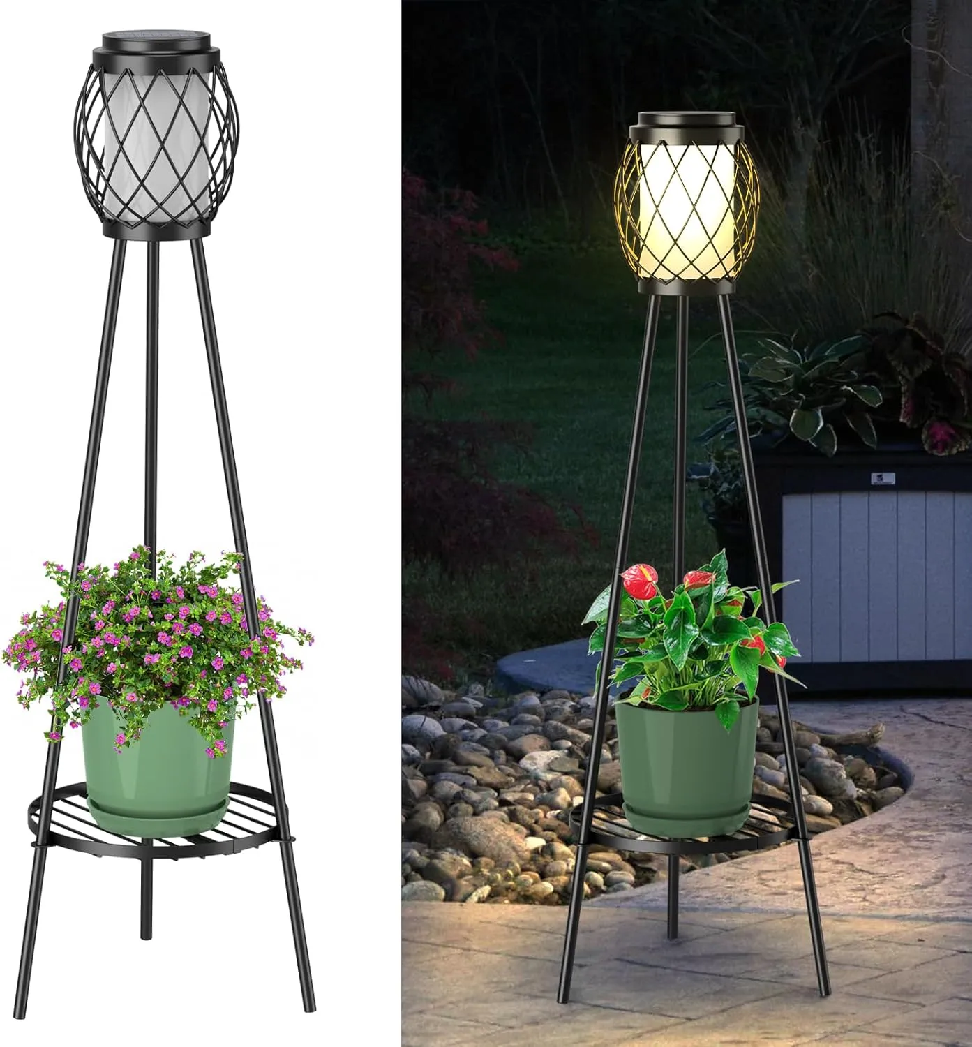 Solar Lights Outdoor with Plant Stands 2 Pack, Solar Floor Lamp Metal Tripod Patio Lights for Garden Yard Pathway Driveway Front/Back Porch Decoration