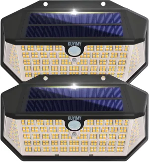 Solar Outdoor Lights, 266 LED with Motion Sensor and 3 Lighting Modes, IP65 Waterproof, 5 Sides of 220° Wide Angle Light, Intelligent Security Wireless Lights for Garage, Fence(Warm, 2pack)