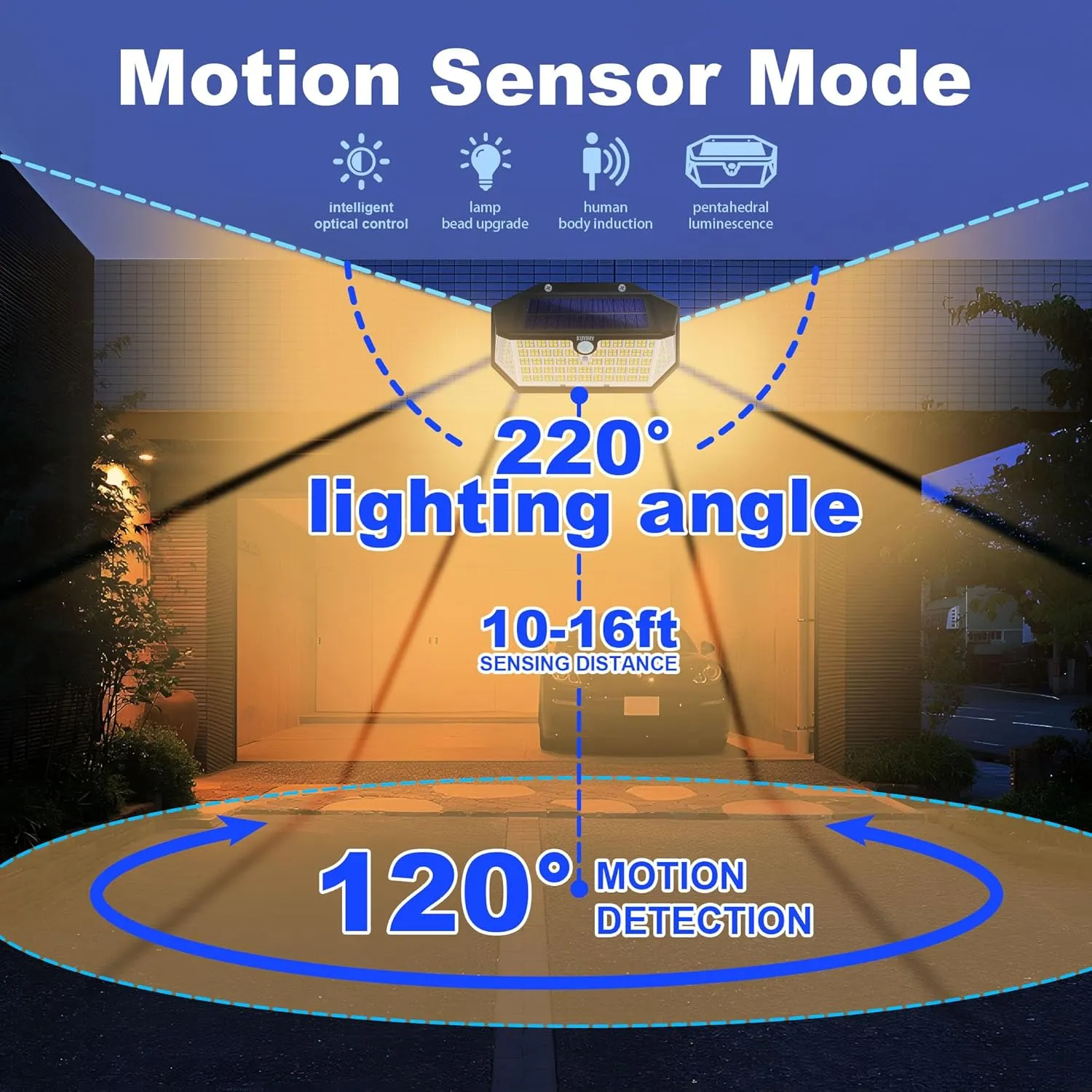 Solar Outdoor Lights, 266 LED with Motion Sensor and 3 Lighting Modes, IP65 Waterproof, 5 Sides of 220° Wide Angle Light, Intelligent Security Wireless Lights for Garage, Fence(Warm, 2pack)