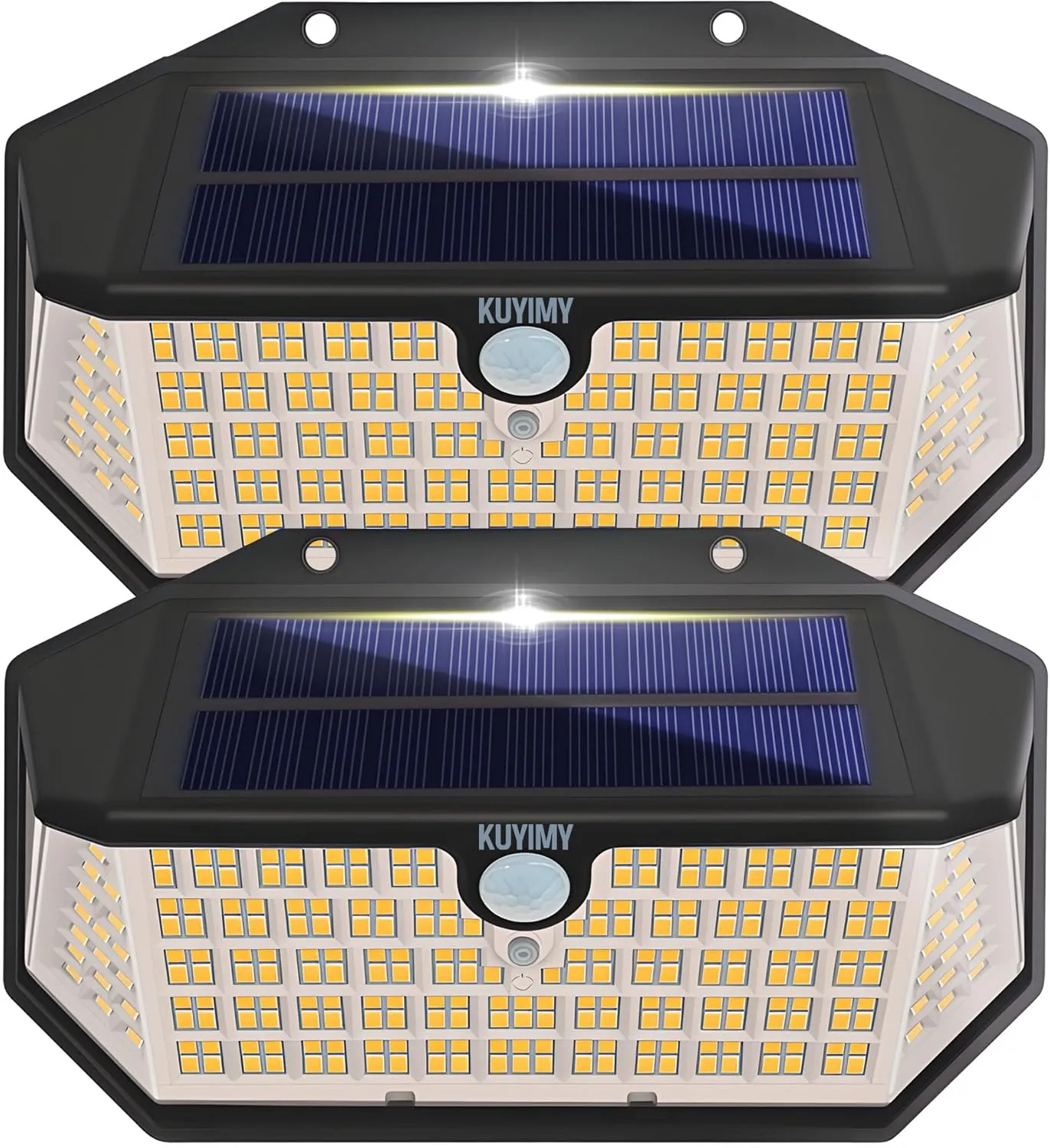 Solar Outdoor Lights, 266 LED with Motion Sensor and 3 Lighting Modes, IP65 Waterproof, 5 Sides of 220° Wide Angle Light, Intelligent Security Wireless Lights for Garage, Fence(Warm, 2pack)