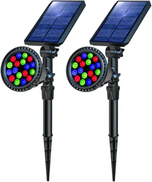 Solar Outdoor Lights, 9 Modes Color Changing 18 LED Solar Spot Lights Outdoor Waterproof Spotlight Landscape Light Solar Powered for Garden Yard Tree Flag Patio Christmas Halloween(2 Pack)
