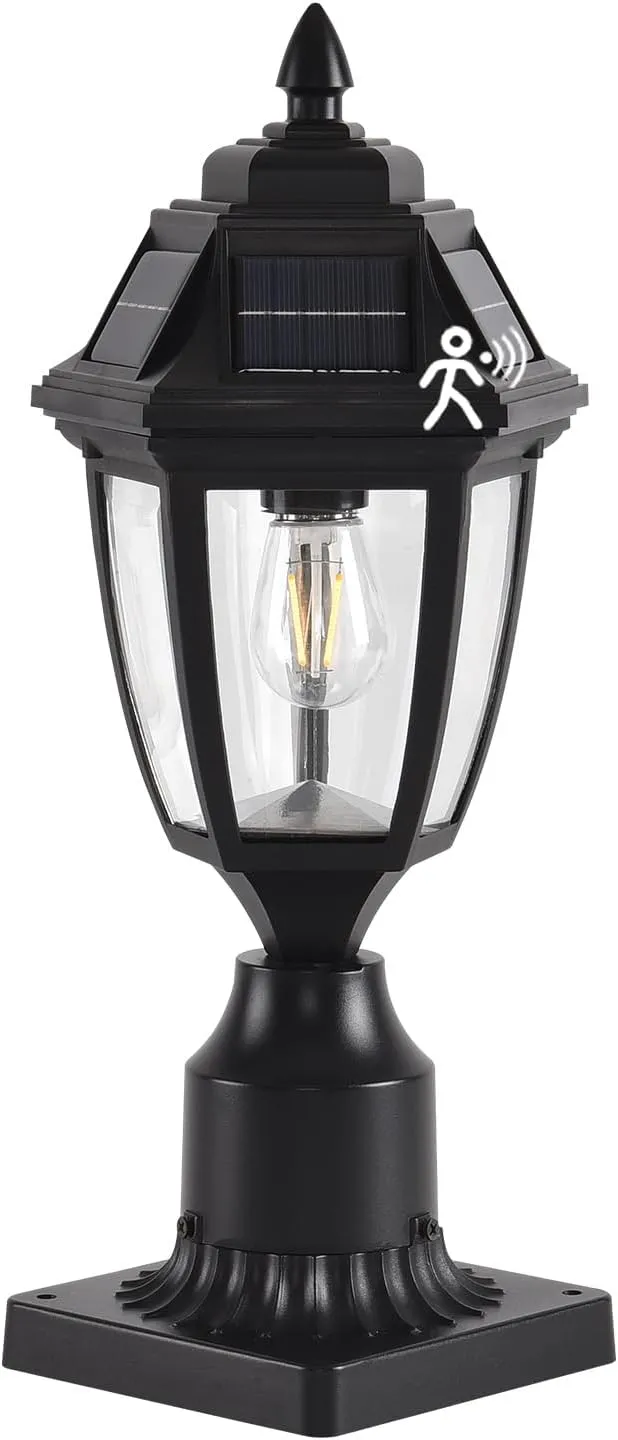 Solar Outdoor Post Lights 1 Pack, Dusk to Dawn Outdoor Column Light with Pier Mount Base, Black Exterior Solar Powered Pole Light for Outside Porch Yard Pathway Driveway