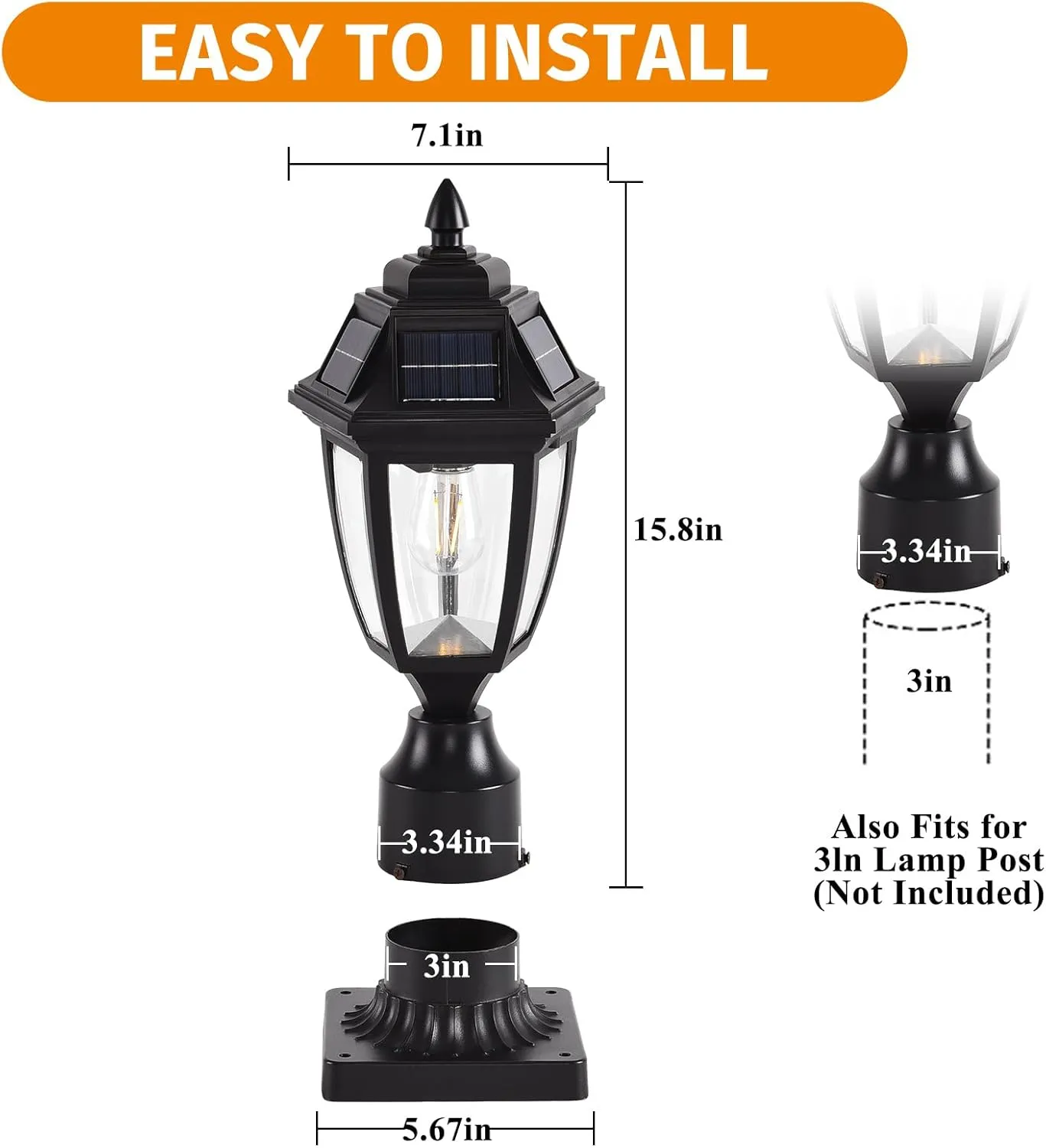 Solar Outdoor Post Lights 1 Pack, Dusk to Dawn Outdoor Column Light with Pier Mount Base, Black Exterior Solar Powered Pole Light for Outside Porch Yard Pathway Driveway