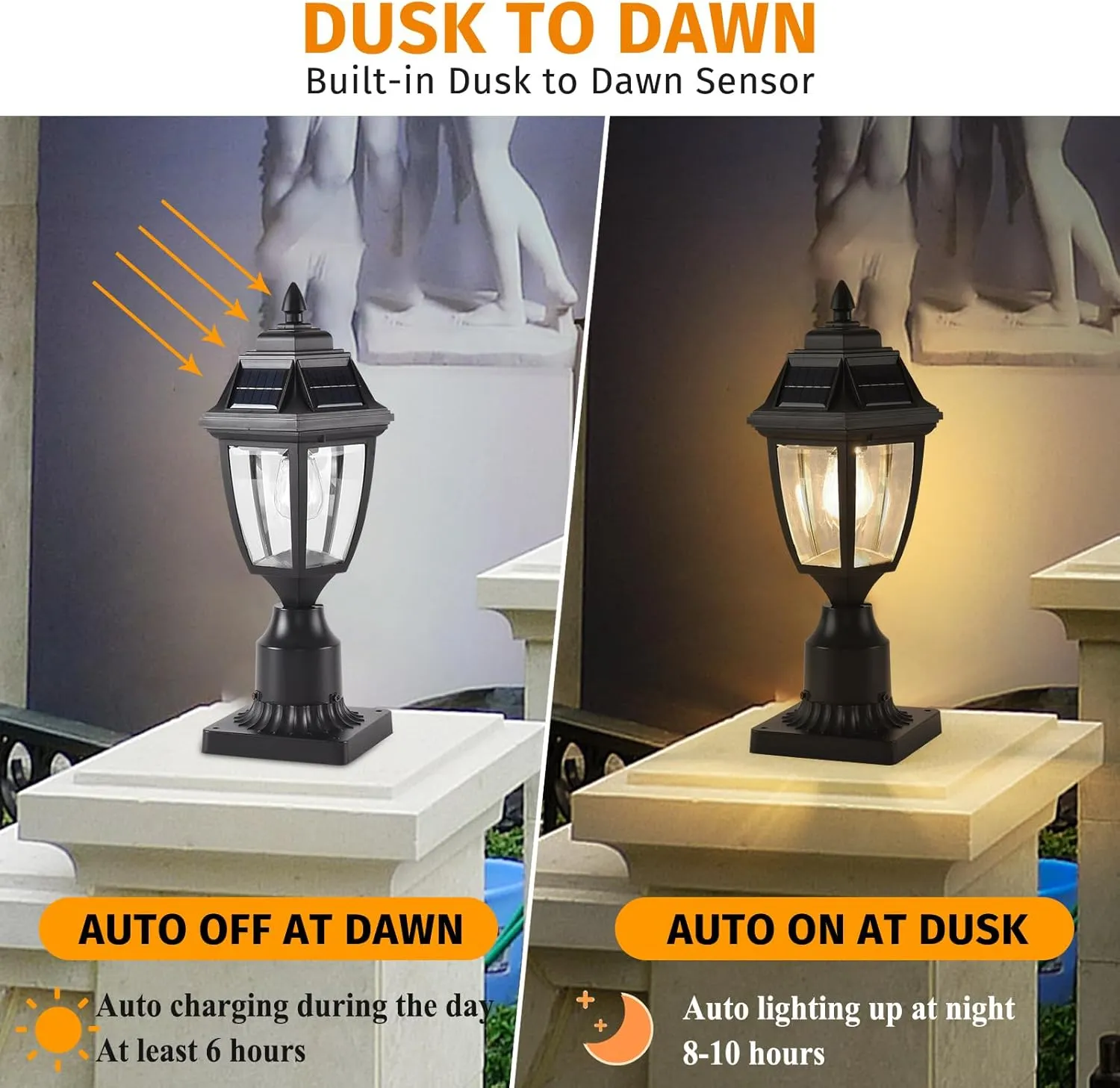 Solar Outdoor Post Lights 1 Pack, Dusk to Dawn Outdoor Column Light with Pier Mount Base, Black Exterior Solar Powered Pole Light for Outside Porch Yard Pathway Driveway