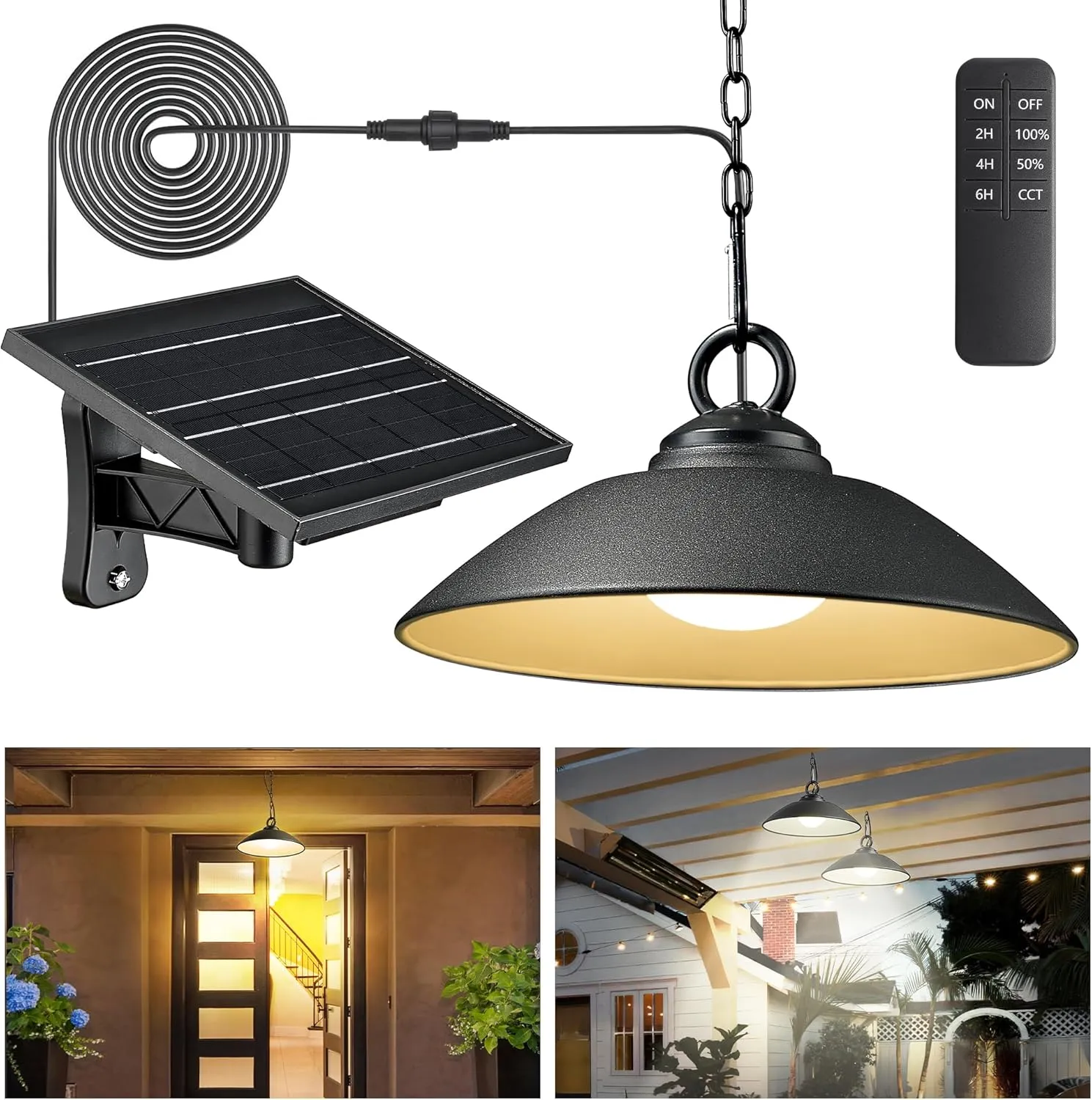 Solar Pendant Lights with Remote Control, 3 Color 2 Brightness Mode Timer 8 inch Outdoor Hanging Shed Gazebo Chandelier Lamp Chicken Coop Barn Porch Light, Dusk to Dawn, 1 Pack
