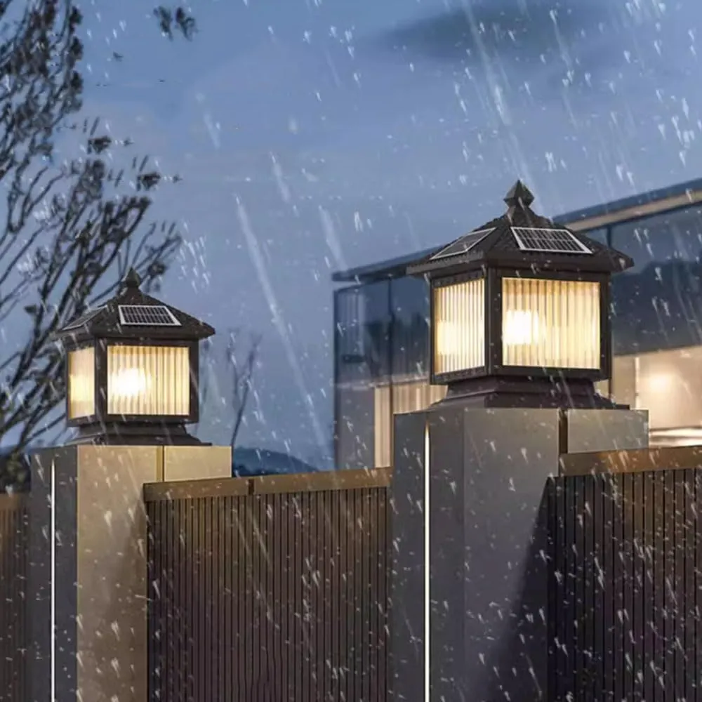 Solar Post Caps Lights Stainless Steel Solar Post Lights Outdoor Solar Powered Fence Column Cap Lights LED Landscape Deck Lighting Waterproof Black Pillar Lights for Gard,25cm
