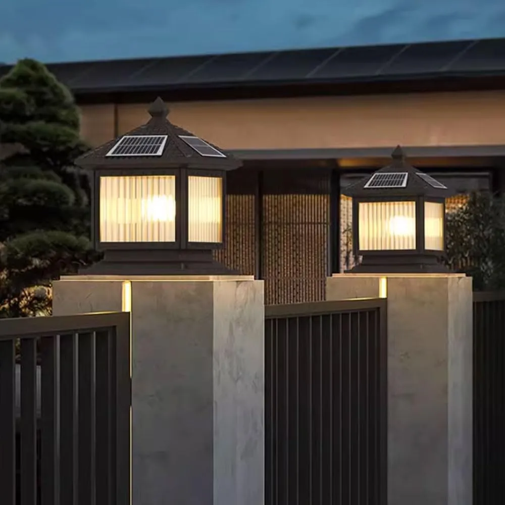 Solar Post Caps Lights Stainless Steel Solar Post Lights Outdoor Solar Powered Fence Column Cap Lights LED Landscape Deck Lighting Waterproof Black Pillar Lights for Gard,25cm