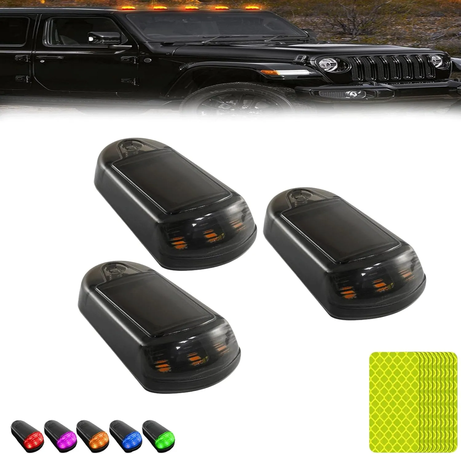 Solar Powered Cab Lights For Truck,Wireless Solar Cab Lights For Truck,Solar-Powered Truck Cab Led Lights,No Drill Car Cab Lights (Black, Yellow light)