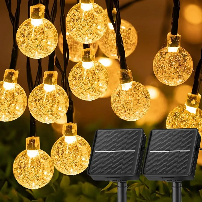 Solar Powered Waterproof Crystal Globe Lights – 35.6 ft Outdoor LED String Lights with 8 Modes (Perfect for Garden, Patio, Events)
